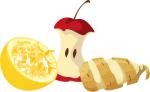 Illustration von ausgepresster Zitronenhälfte, abgenagtem Apfel, Kartoffelschalen
