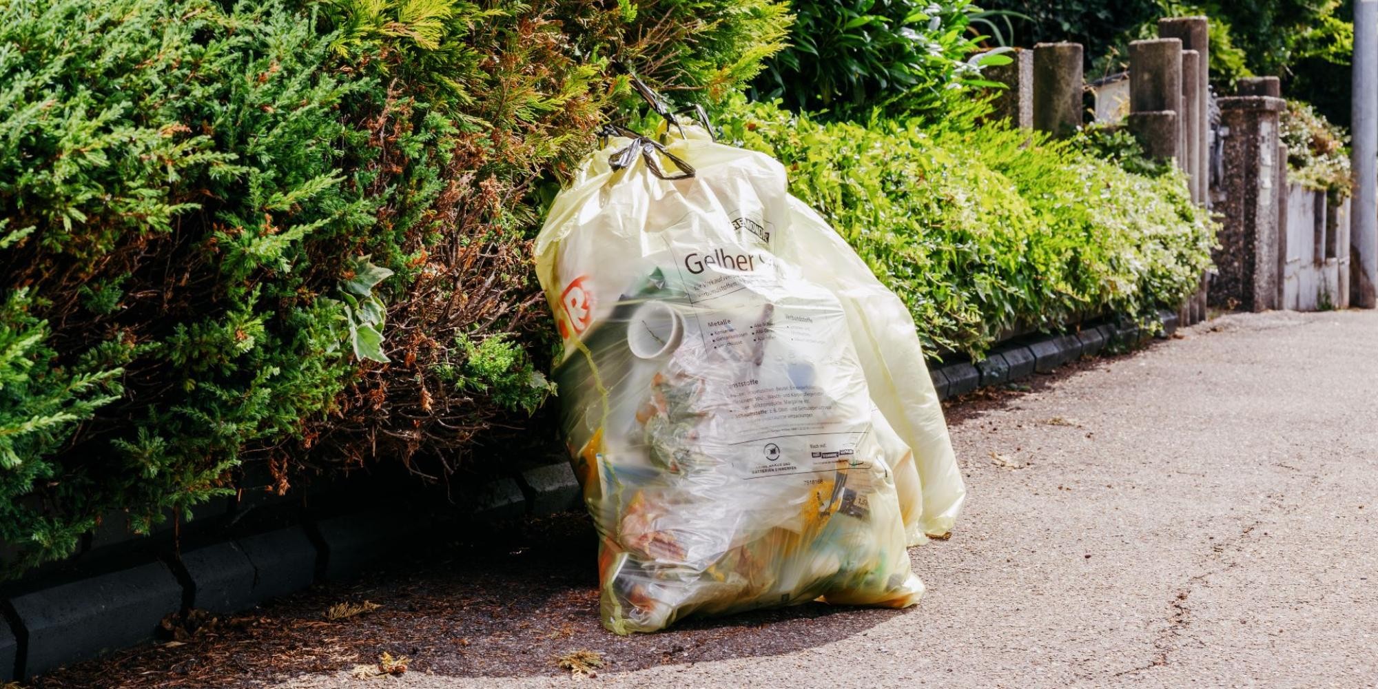 Gelbe Säcke stehen am Gehwegrand zur Abholung bereit.