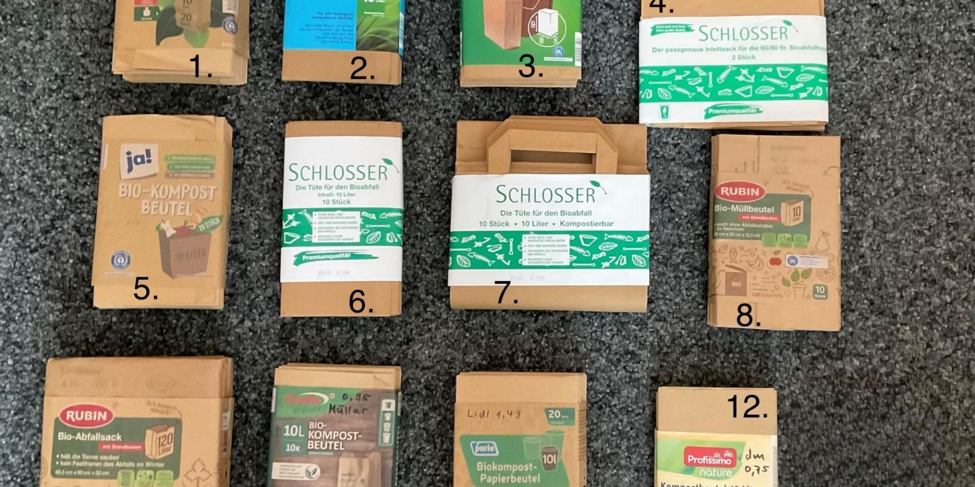 Zwölf Packungen Papiertüten verschiedener Hersteller.