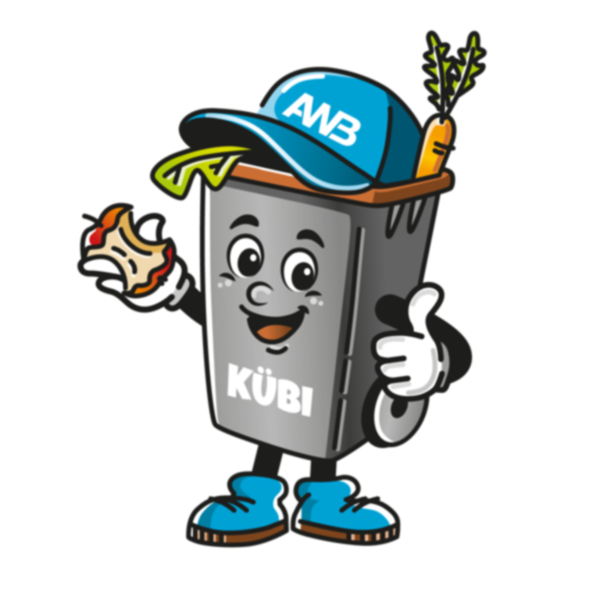 Illustration einer Biotonne mit Gesicht, die eine AWB-Käppi trägt und einen angebissenen Apfel in der Hand hält. 