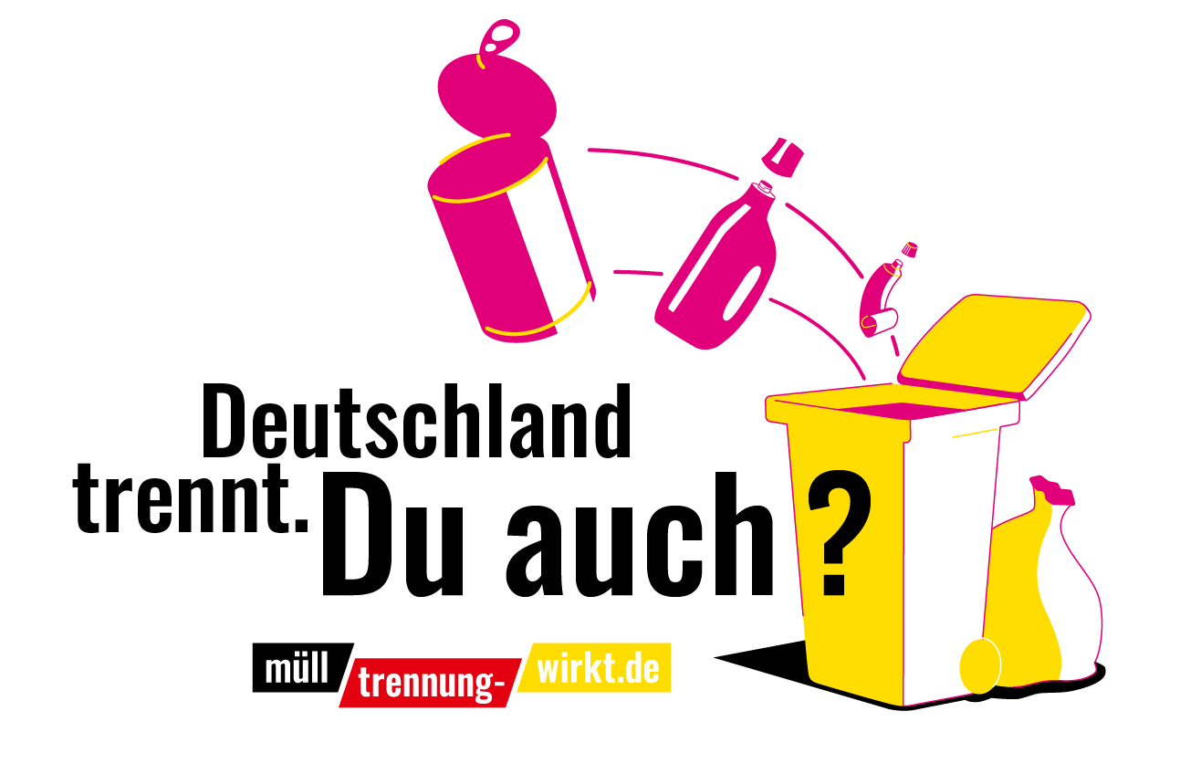 Logo der Aktion "Deutschland trennt. Du auch?". Neben dem Schriftzug sind Illustrationen von Gelber Tonne und Gelbem Sack abgebildet, in die Verpackungen fliegen. 