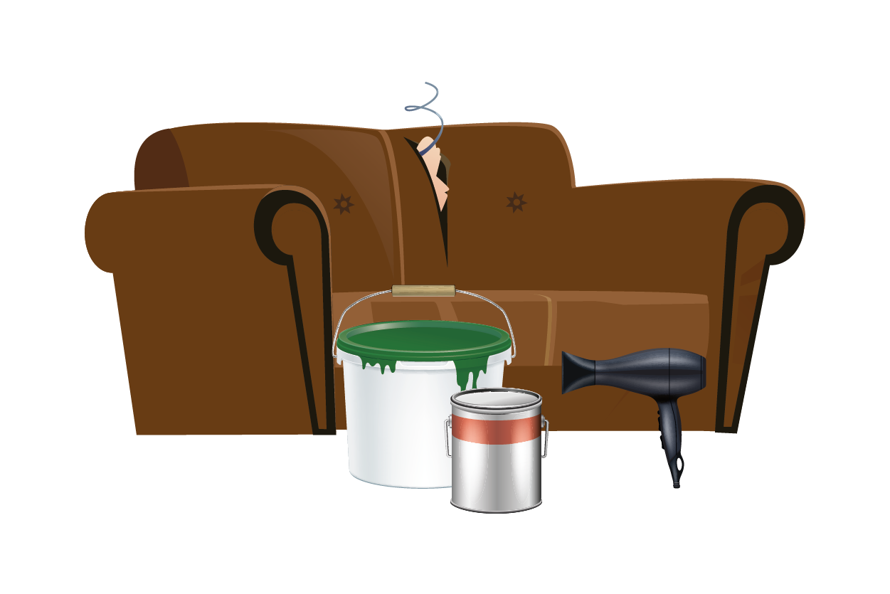 Illustration von kaputtem Sofa, Farbeimern und Föhn