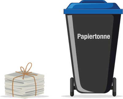 Illustration eines Altpapierbündels und einer Papiertonne