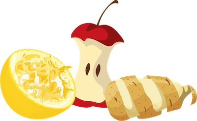 Illustration von ausgepresster Zitronenhälfte, abgenagtem Apfel, Kartoffelschalen
